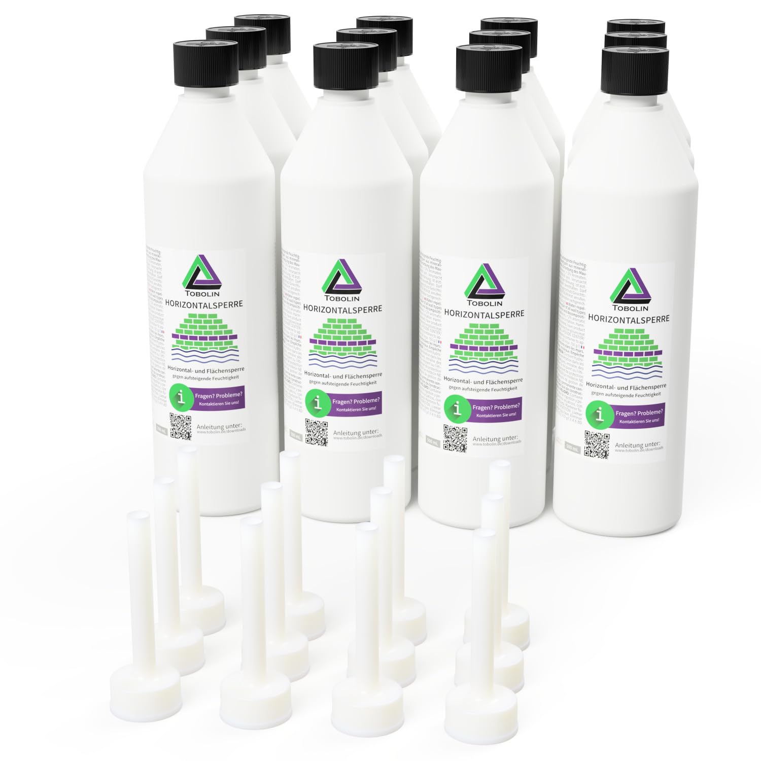 TOBOLIN Horizontalsperre Set 12 x 500 ml inkl. 12 Auslauftüllen – ölbasiertes Injektionsverfahren gegen aufsteigende Feuchtigkeit im Mauerwerk, nachträgliche Feuchtigkeitssperre zur Mauertrockenlegung
