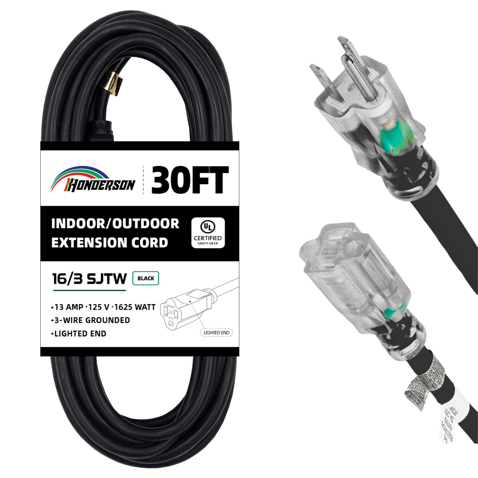 30FT 16/3 Christmas Lighted Outdoor Extension Cord - 16 Gauge 3 Prong SJTW Black Extension Cable with 3 Prong Grounded Plug for Safety,Great for Outdoor Christmas Decorations