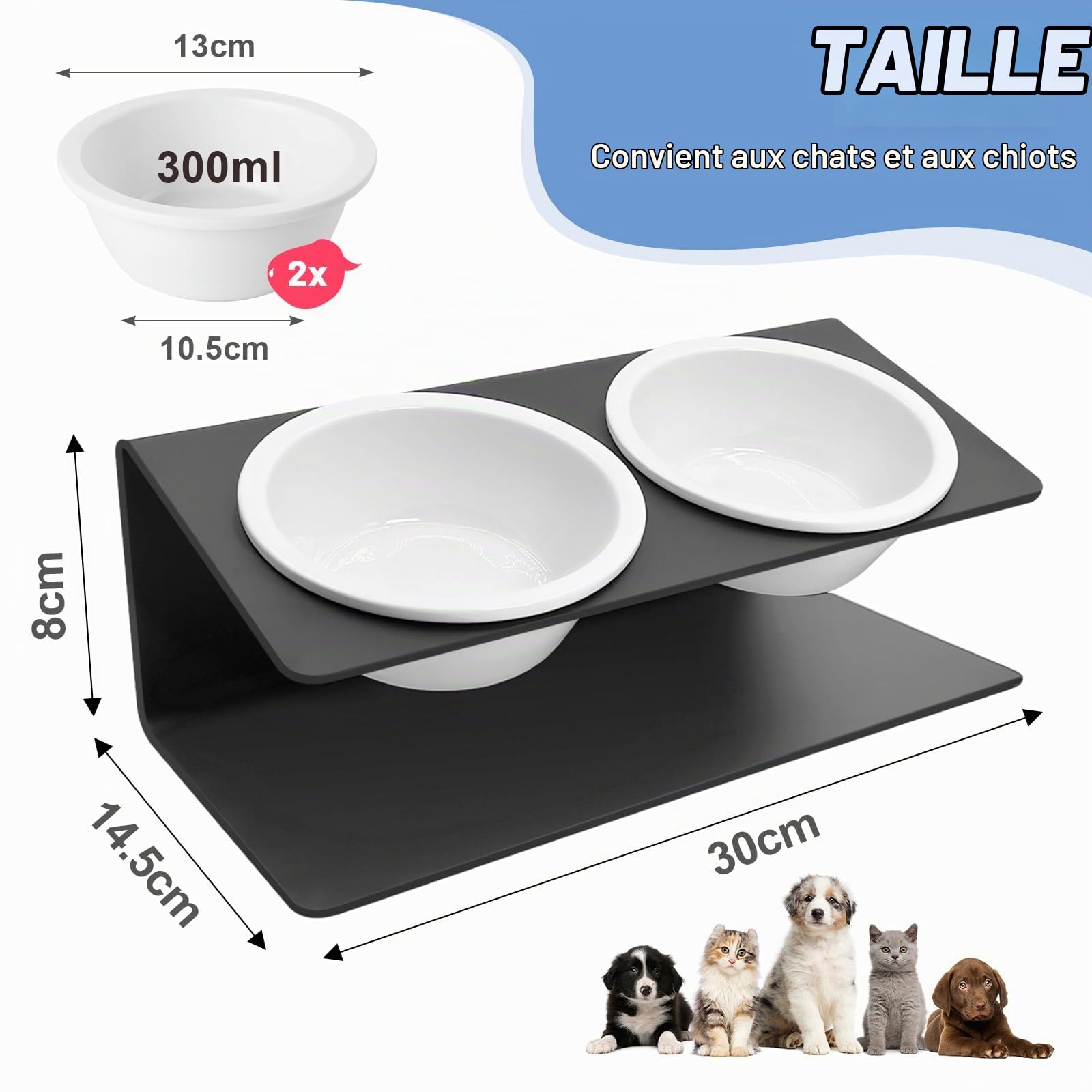 Gamelle Chat Surélevée, Gamelle pour Chien avec Support en Métal Antidérapant Incliné à 15°, Bols Chat Ceramique de Nourritur