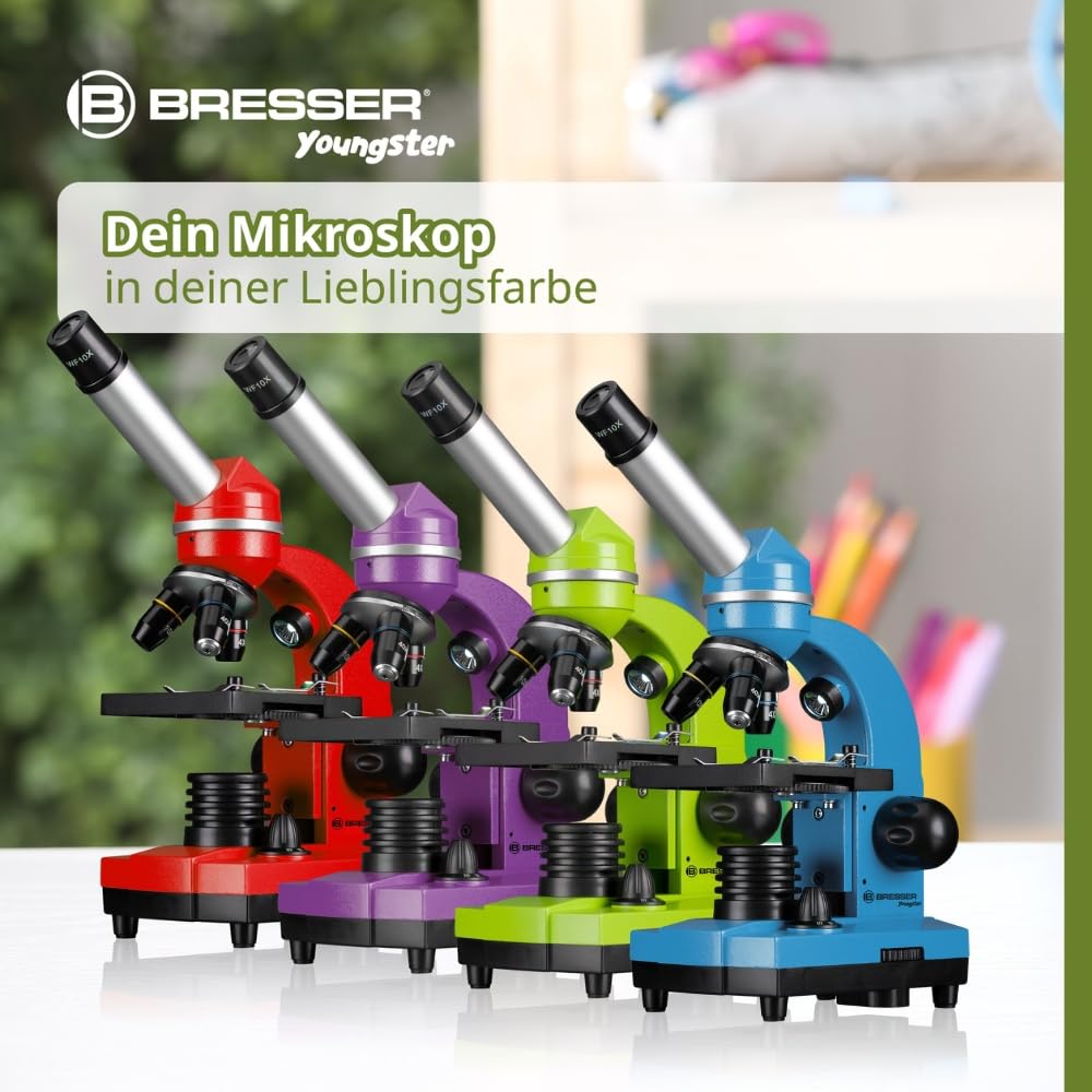 Bresser Junior Schülermikroskop BIOLUX SEL mit Smartphonehalter, reichhaltigem Zubehör und Barlow-Zoom-System für Kinder, Einsteiger und Erwachsene, grün