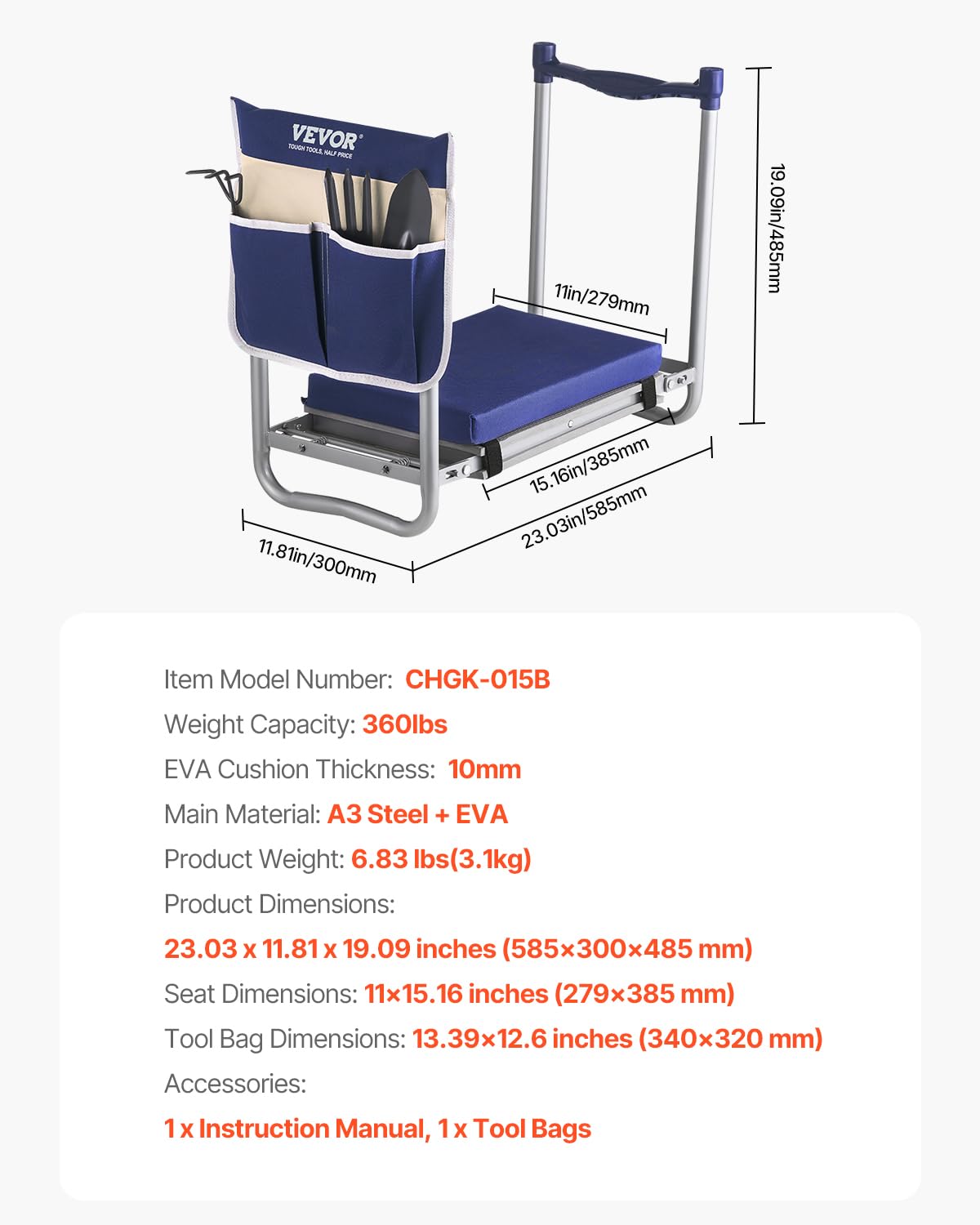 VEVOR Agenouilloir de Jardinage, Coussin Large 28 cm, Tabouret de Jardinage, Capacité 163 kg, Banc de Jardin Pliable, Siège Polyvalent avec Sac à Outils pour Jardin, Grands-Parents, Personnes Âgées