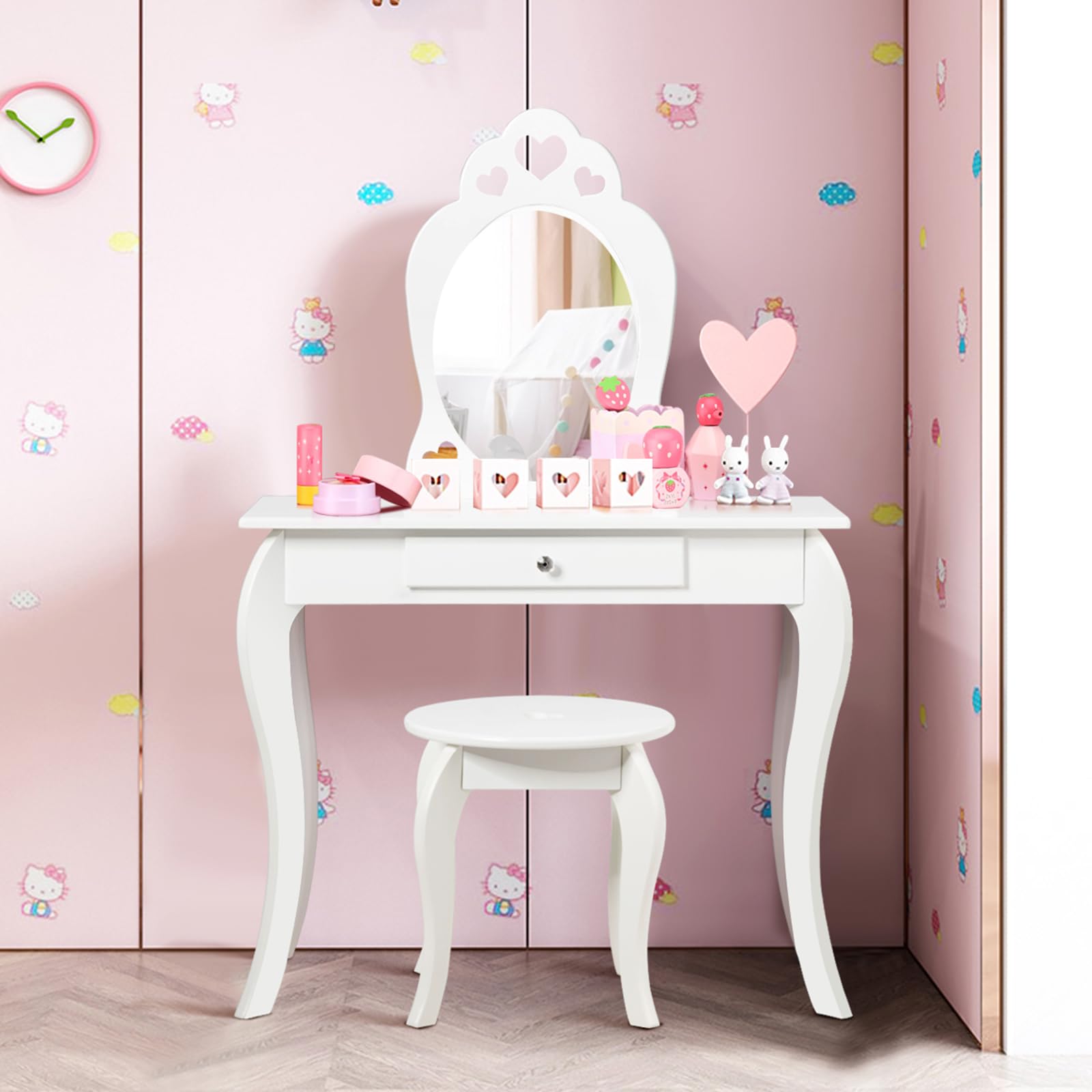 COSTWAY 2 in 1 Toeletta Trucco per Bambina 3+ Anni, Postazione Trucco Bambina con Specchio ad Alta Definizione Rimovibile, Set in Legno con Sgabello, Cassetto e Dispositivo Anti-ribaltamento (BIANCO)