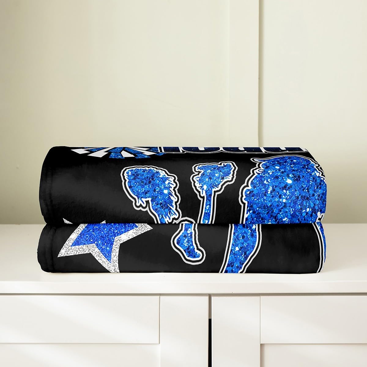 Homewish Cheerleading Themed Throw Blanket Twin 60x80 Cartoon Glitter Blue Stars Decor Fleece Blanket for Kids Girls Teens Cheerleaders Silhouette Dreamy Grily Flannel Blanket for Party Couch