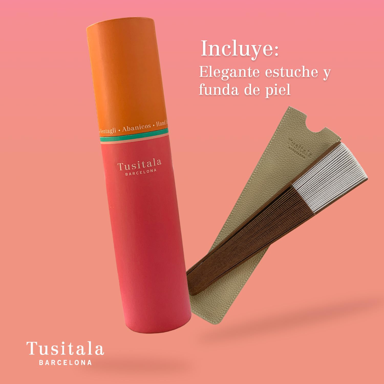 Ventaglio spagnolo Calado Espiga - Legno e cotone - 23 cm - Custodia in yute natural - Accessorio moda - Fatto a mano in Spagna - Eventi e regali - Collezione Must