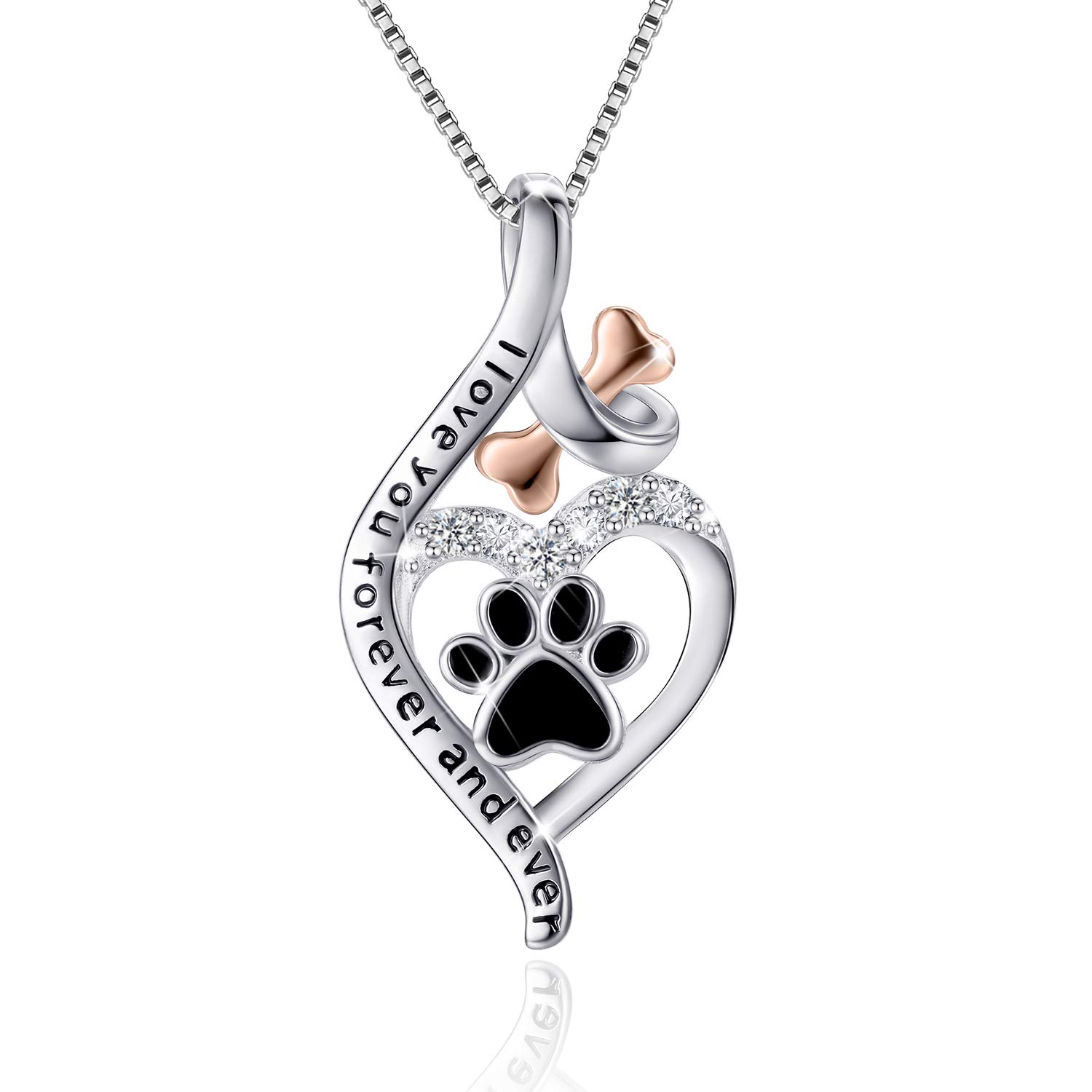 VANLAMS Womens 925 Sterling Silver Bone Love Heart Dog Paw Print Pendant Necklace I Love You Forever and Ever, Gifts for Dog Owner