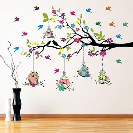 Vinyl Graphics Decor Colorful Tree With Birds And Hanging Cages Wall Sticker (112 X 80 Cmself-Adhesive, Window, 0.5 Cms)