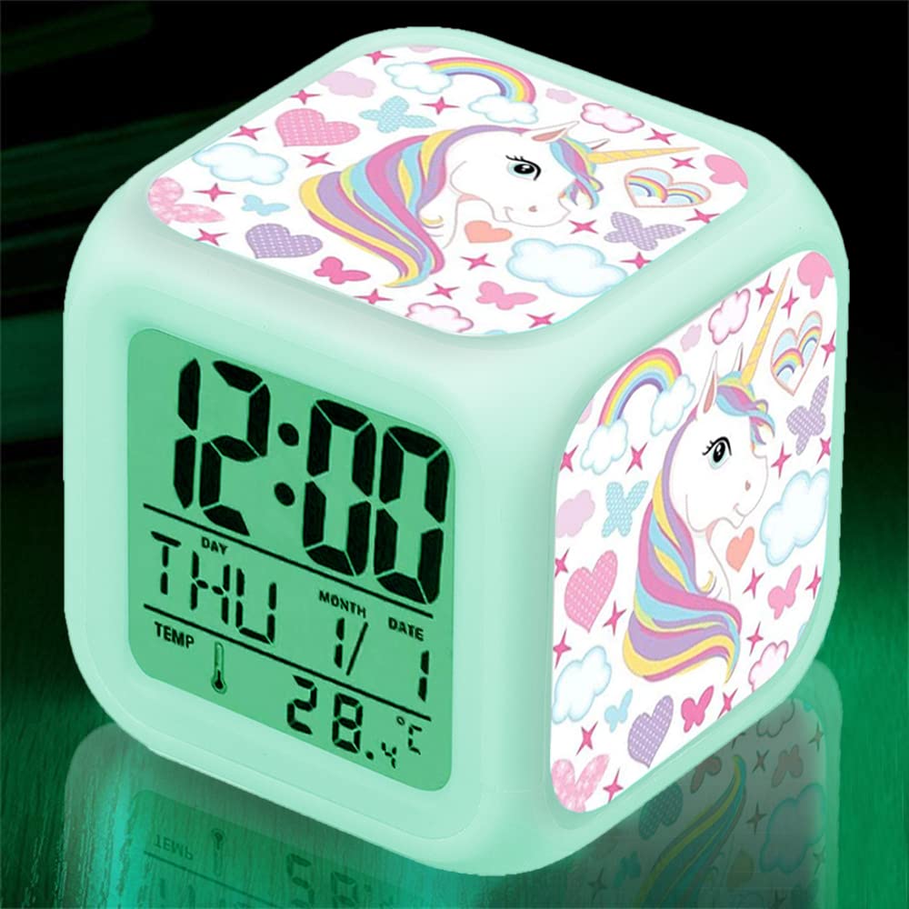 LANKOER Kids Alarm Clock, 7 Color Digital Wake Up Clocks with 8 Alarm Sounds, LED Night Light Clock with Date Calendar Temperature for Students Boys Girls (Unicorn White)