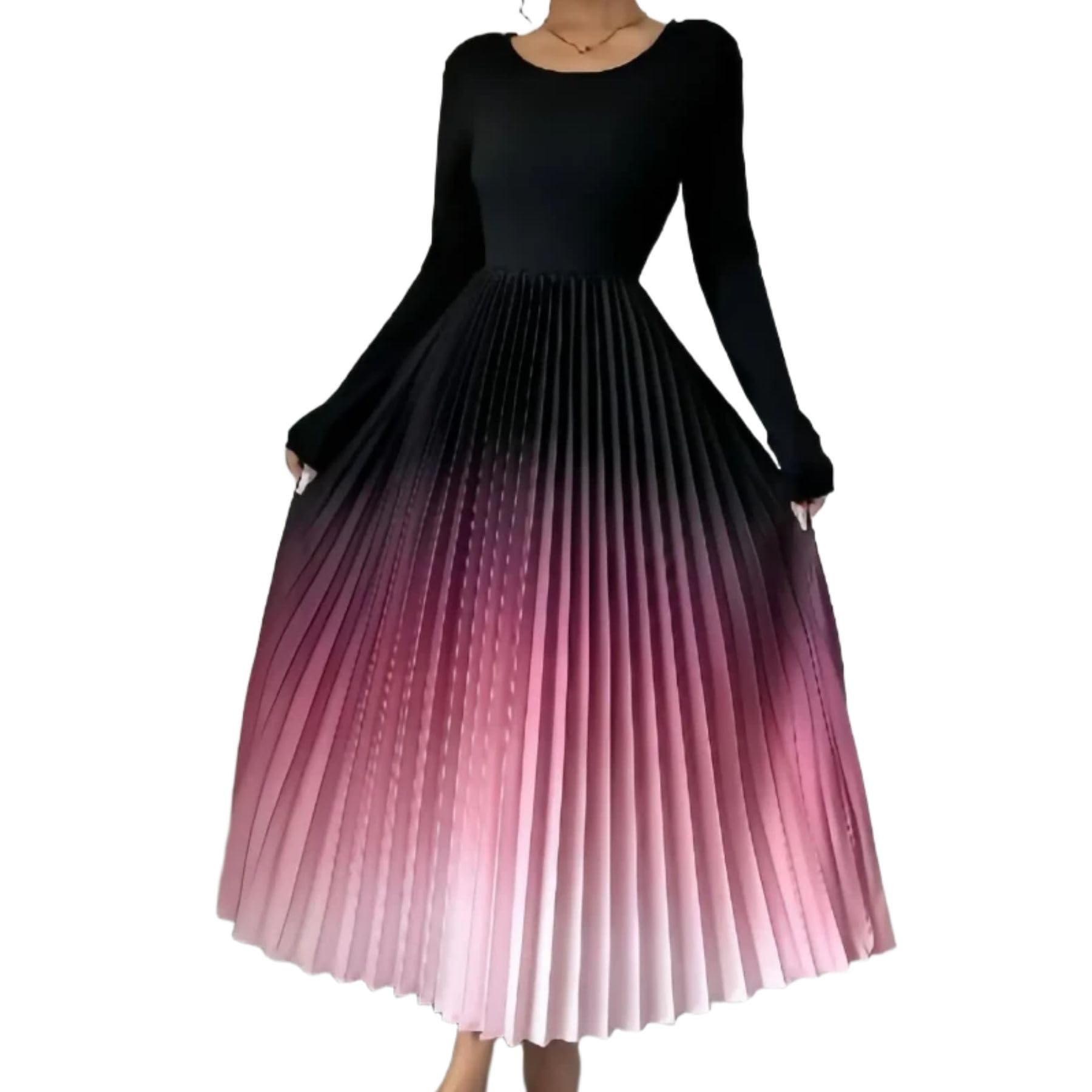 Fall Women A-line Dress Gradient Color Printed Pattern Elastic Waist Crew Neck Long Sleeve Workwear Dress