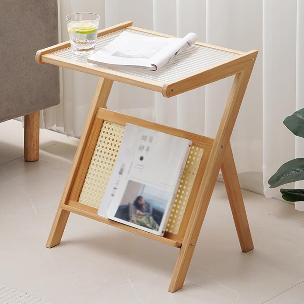 SXZenSpace Tempered Glass Snack Side Tables with Bamboo Rattan Frame, Modern End Table Storage Shelf,Couch That Slide under for Small Space,Living Room,wood,A