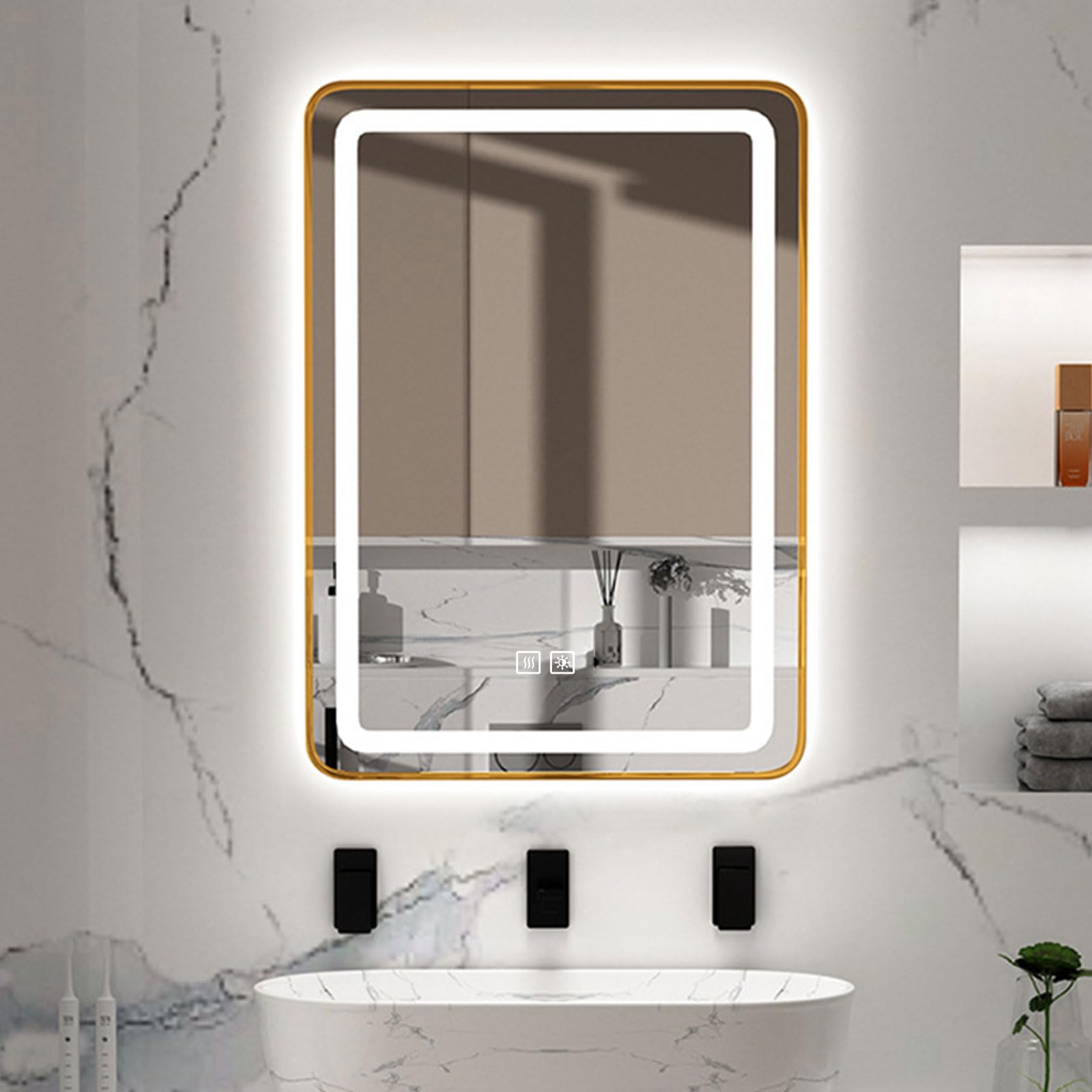 FGXHHS Rectangle with Lights - Smart LED Mirror,Anti-Fog,3 Adjustable Brightness Levels, Frameless Design, Tempered Glass,Vertical Installation Gold Frame 70 * 90cm/27.5 35.4in