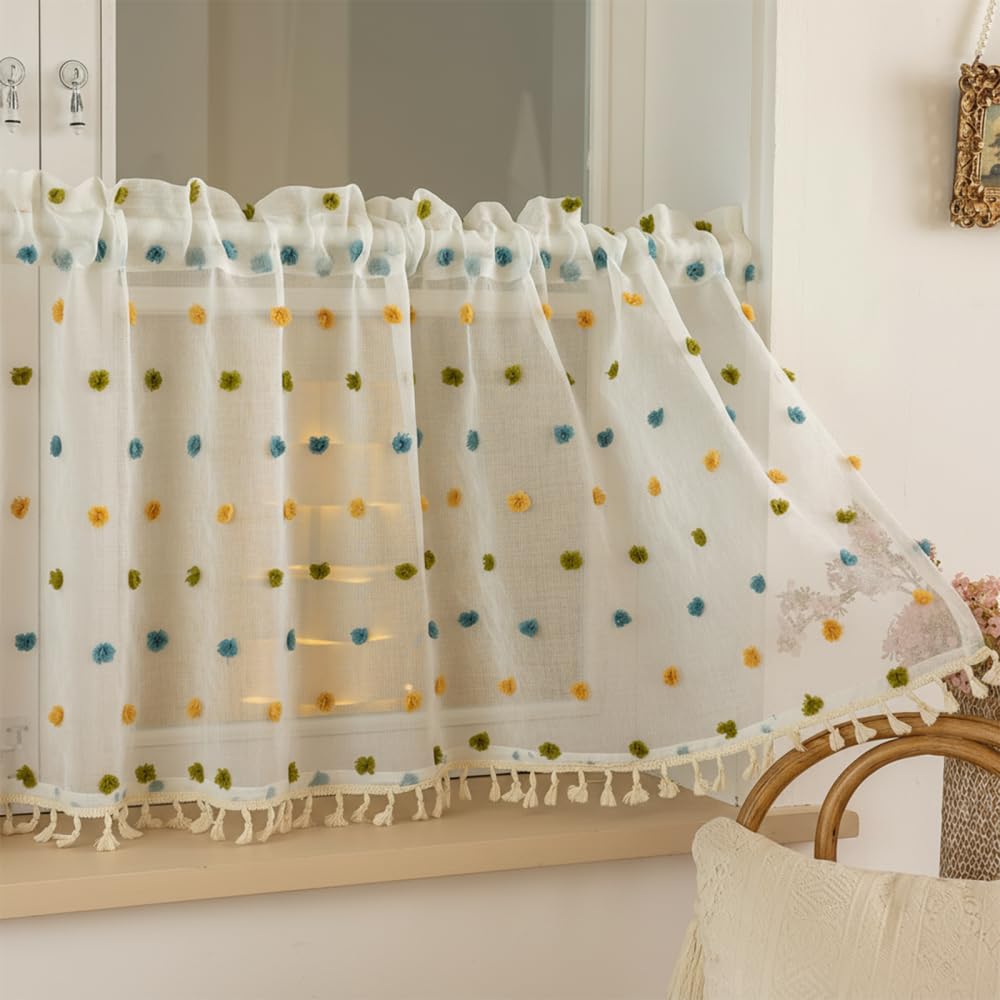 BDKMMS Boho Short Curtain, 55.1×17.7Inch Light Filtering Glass Window Curtains Bohemian Tassel Valance for Kitchen Bathroom Windows — image 1
