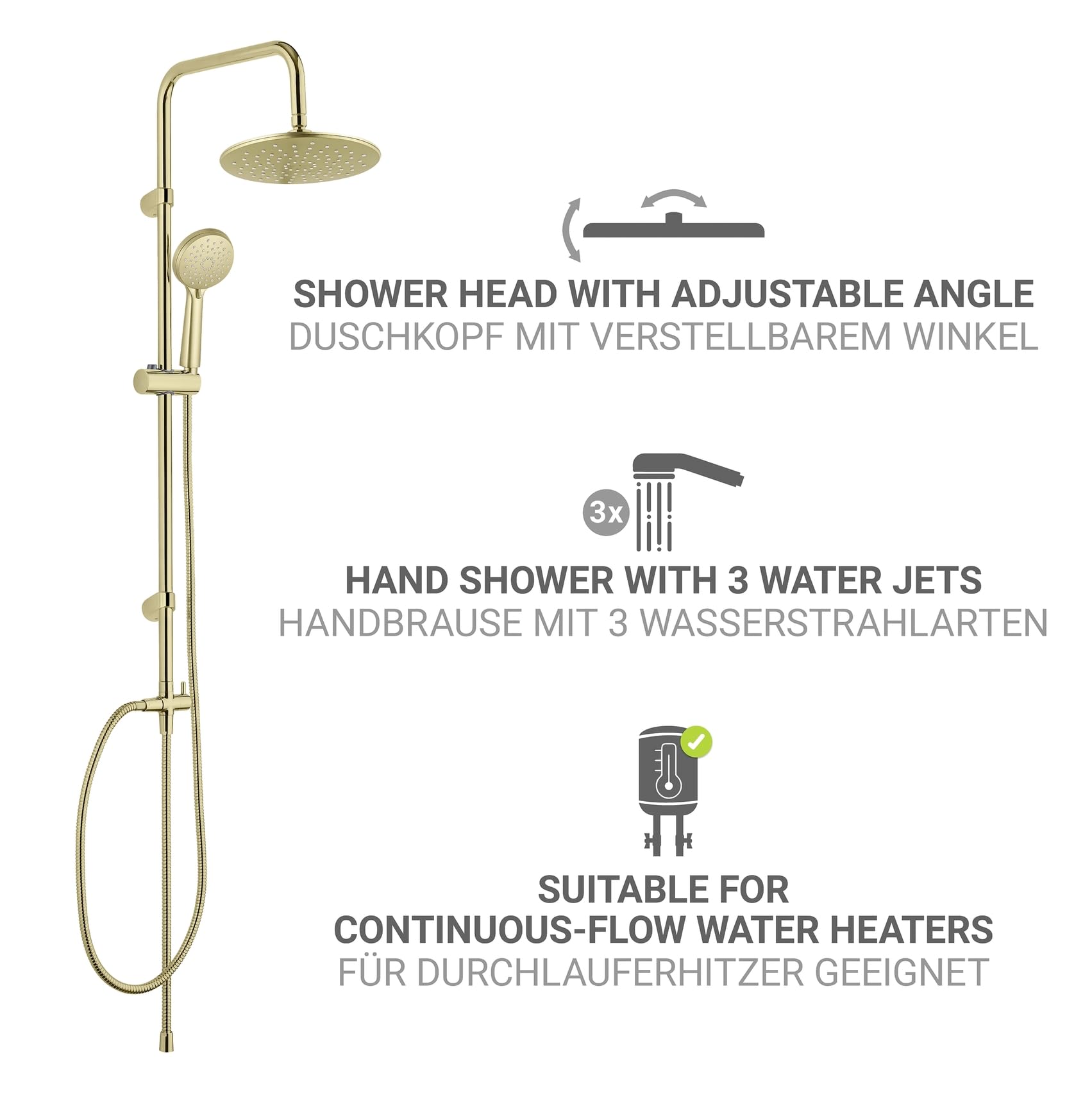 WENKO Duschsystem Mod. Young Line - Regenduschkopf und Handbrause mit 3 Funktionen - Edelstahl - Gold