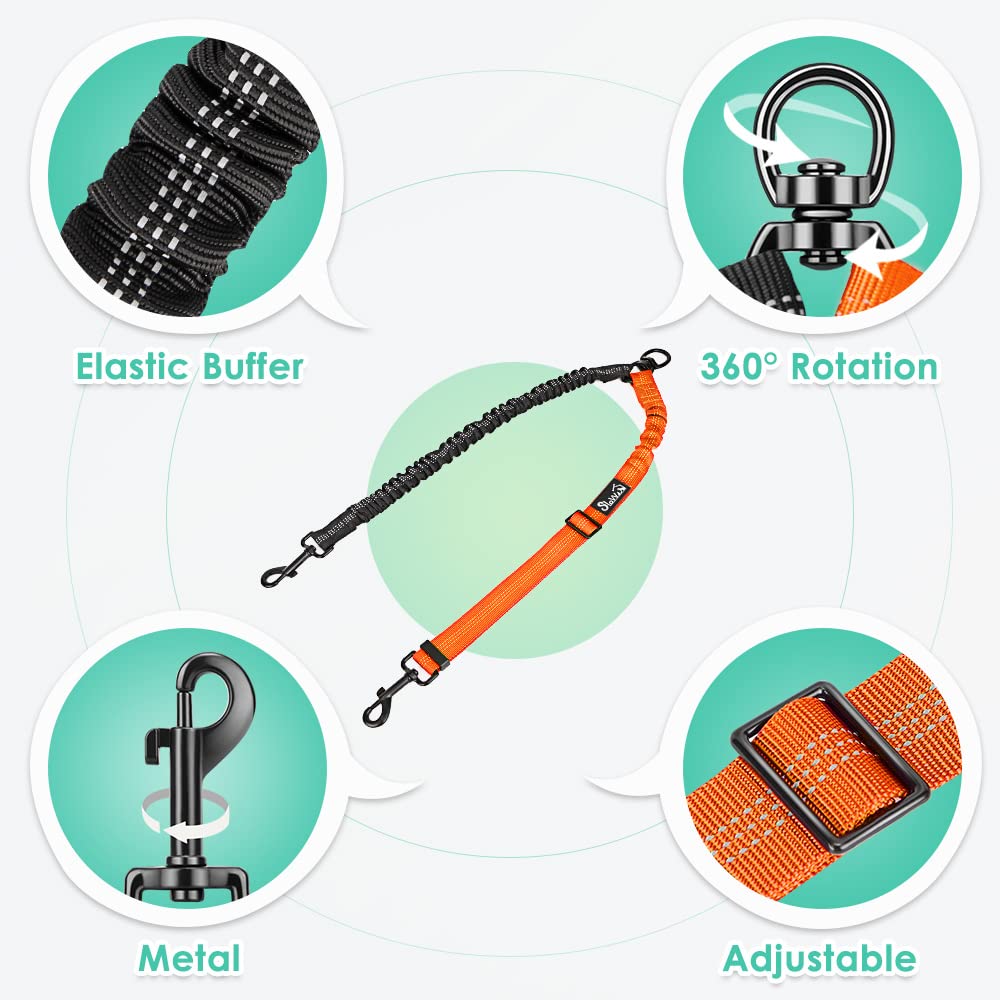 AUTOWT Zwei Hundeleine, 2-in-1 verbesserte Doppel-Hundeleinen-Befestigung, kombiniert verstellbaren Gurt und stoßdämpfendes Bungee, kein Verheddern, doppelter Trainings-Splitter für unterschiedlich