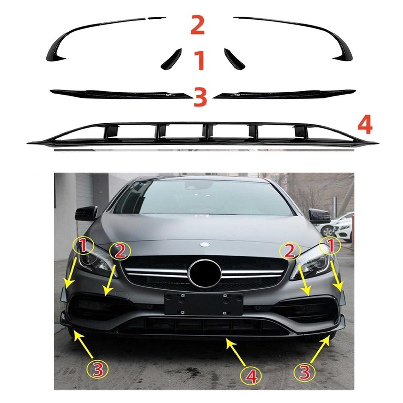 Lyjstore Labio de Parachoques Delantero Compatible para Mercedes Clase A W176 A200 A250 A45 AMG Hatchback Sport 2016-2018 Accesorios divisores alerón Negro Brillante Autos de Piezas
