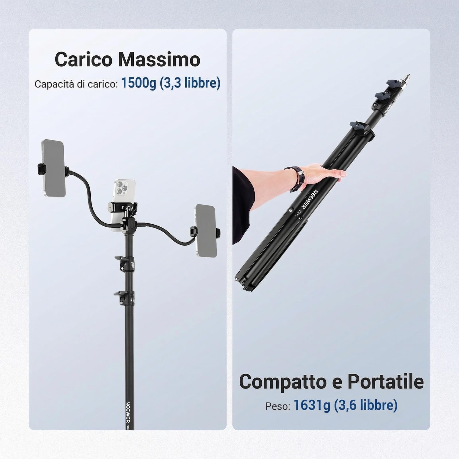 NEEWER BASICS Cavalletto Treppiede Smartphone con Due Bracci Flessibili, Clip Porta Cellulare Regolabile Alluminio per Tavolo Ufficio Comodino Compatibile con iPhone Samsung Android per Video, ST015