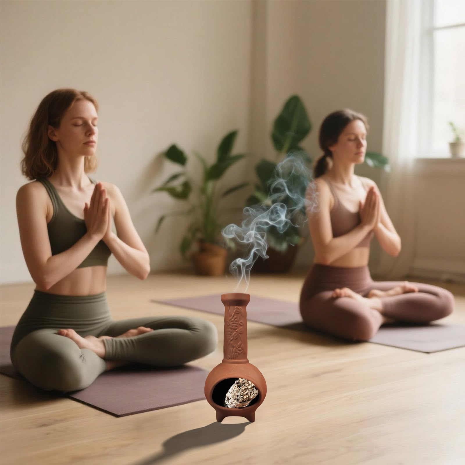 MOUGIGI Portaincenso fatto a mano in terracotta per Palo Santo e mini caminetto, elegante bruciatore a cono per bastoncini di Palo Santo e salvia, ideale per la pulizia energetica, yoga, meditazione