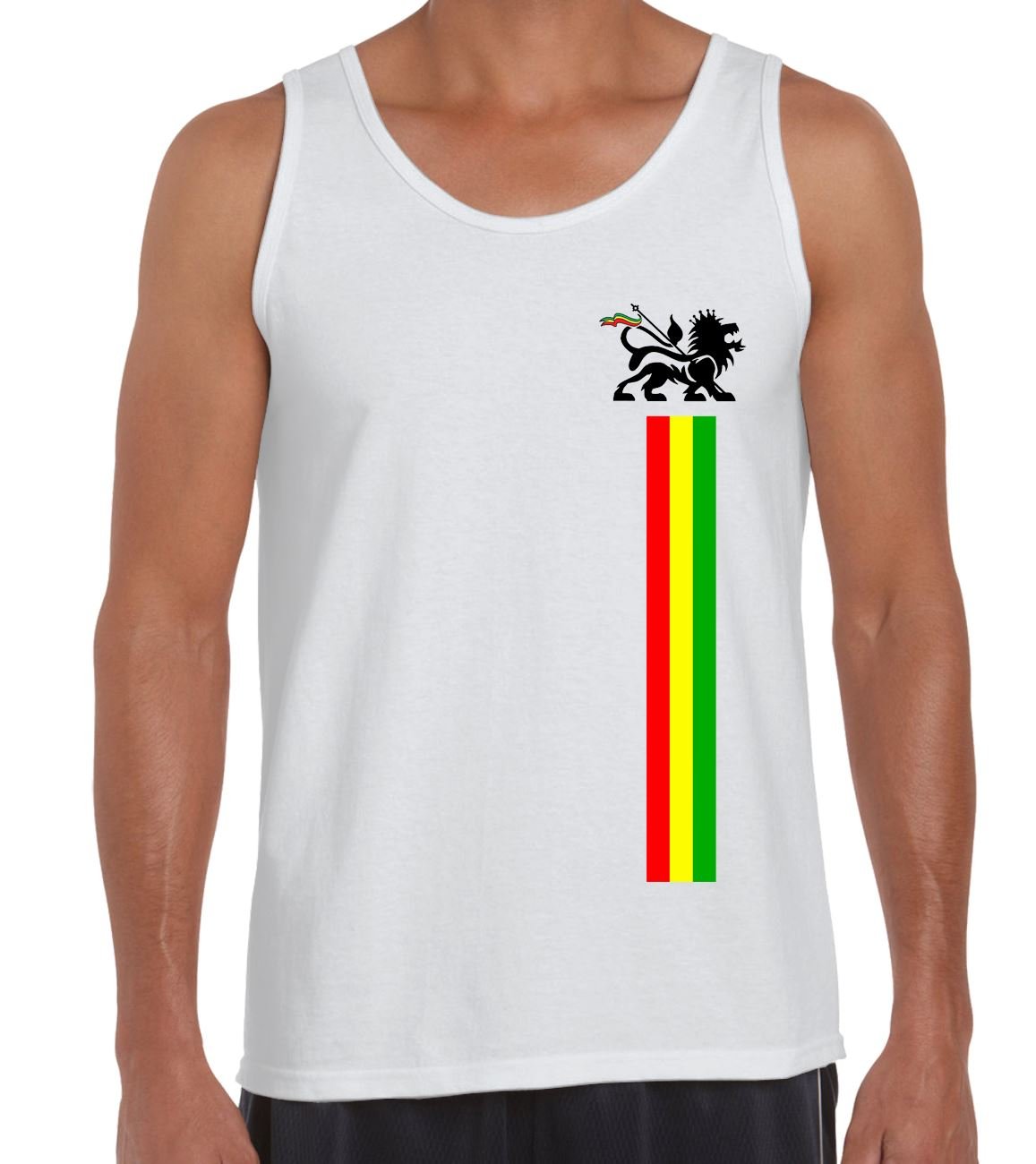 Tribal T-Shirts Mens Lion of Judah Stripes Reggae Vest Top (2XL, White)
