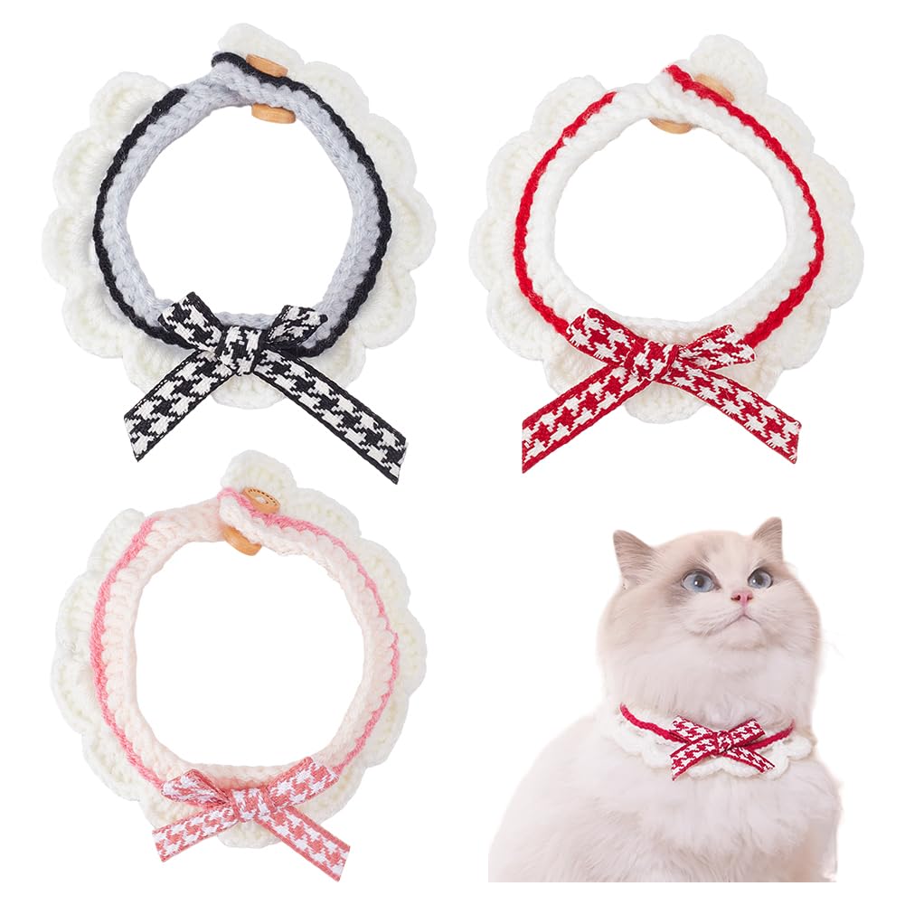 FINGERINSPIRE 3PCS Knitted Cat Collars Handmade Pet Collar with Buckle Adjustable Bow Tie Collar Black Pink Cerise Handmade Collars Fibers Cat Bowknot Collar Hand-Woven Scarf Collar for Pet Kitty Cat