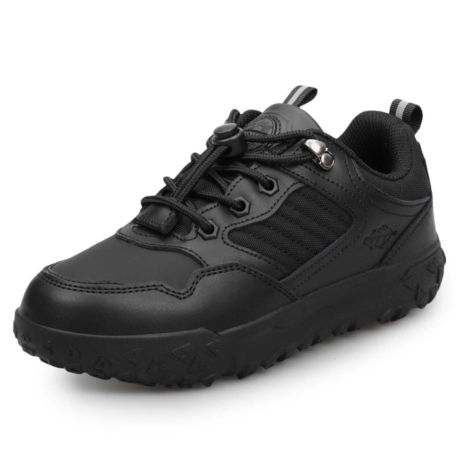 UOVO Zapatos escolares de cuero negro para niños, zapatillas para caminar al aire libre con parte superior repelente al agua, suela de goma antideslizante, cordones fáciles de tocar, talla 34-43