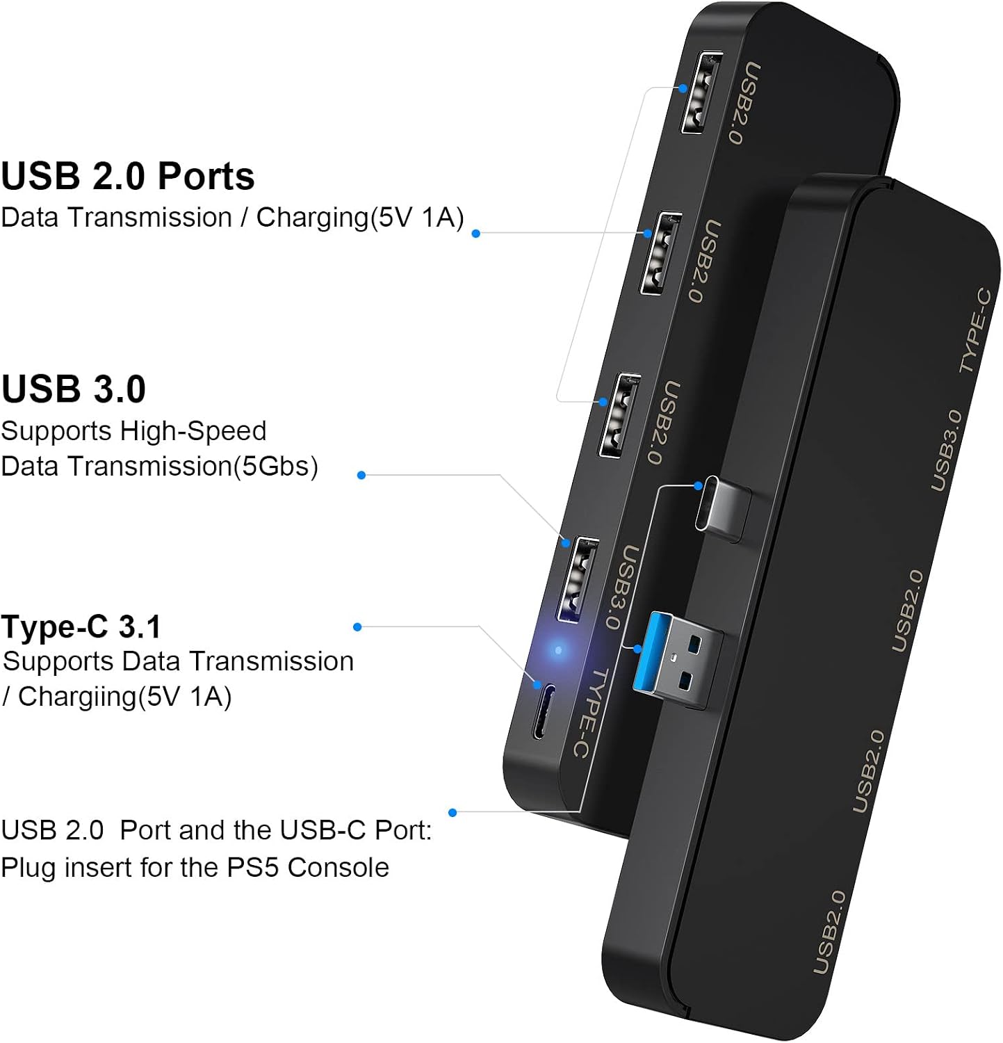 USB Hub for PS5 - Tensun PS5 Accessories 5 Ports USB Extender High-Speed Expansion Adapter Charger 1 USB 3.0 Port+3 USB 2.0 Port+Type-c 3.1 Port for Playstation 5 Accessories PS5 Game Console Headset