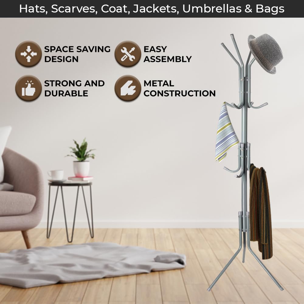 1ABOVE Porte-manteau en métal, 12 crochets, arbre à vêtements autoportant, idéal pour chapeaux, écharpes, manteaux, vestes, parapluies et sacs, H 170 cm (gris