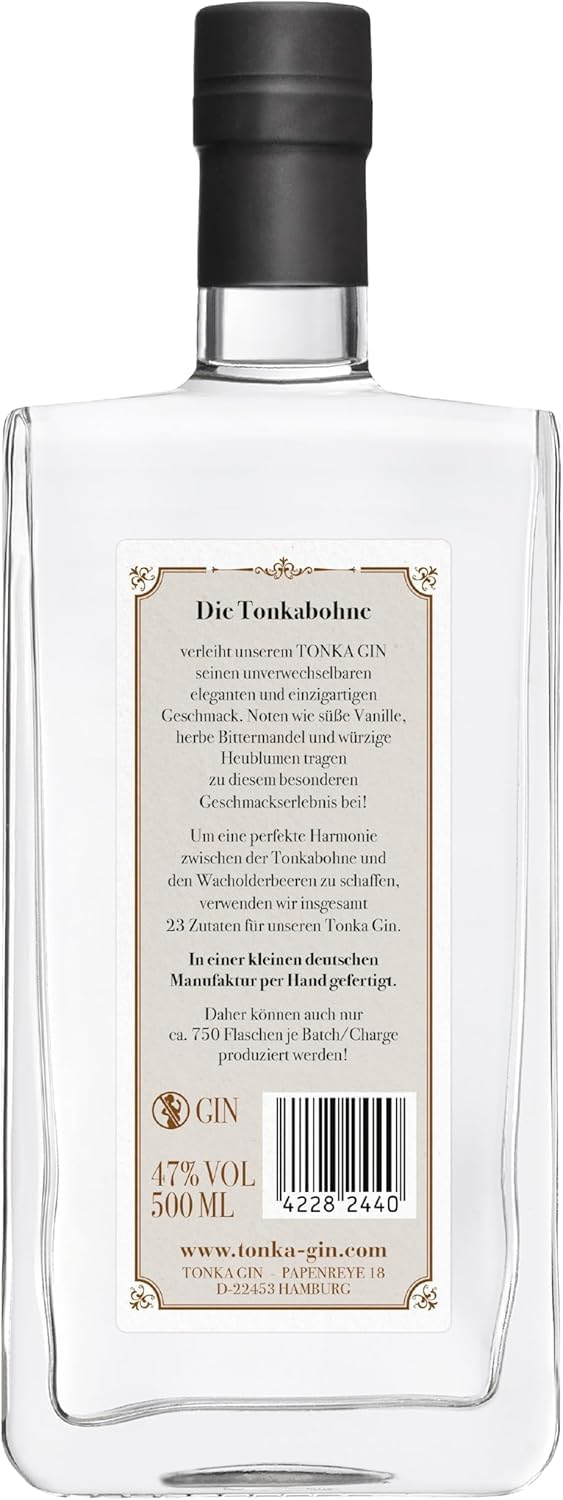 Tonka Gin Handcrafted I 500 ml I 47% vol. I Noten von Vanille Bittermandelöl und würziger Heublume I Vegan