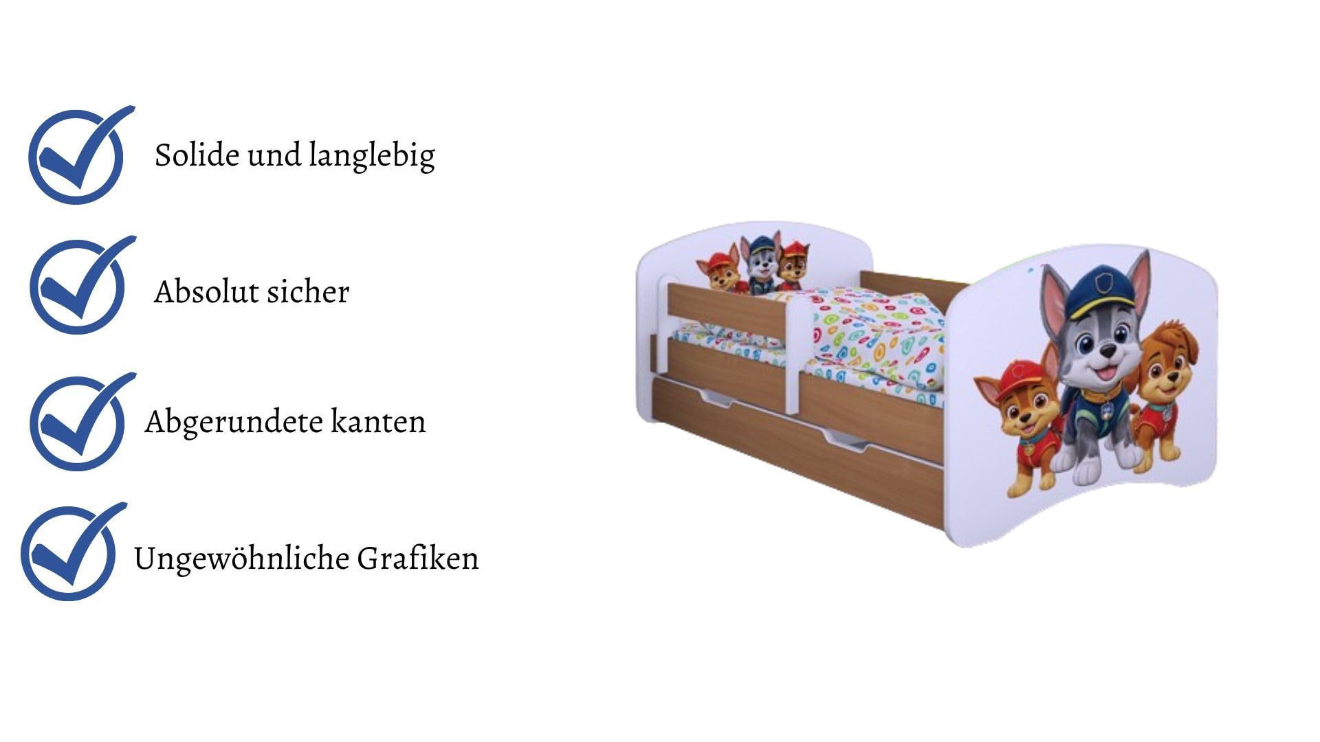 Happy Babies Kinderbett mit Rausfallschutz Junge 140x70 Bett für Kinderzimmer mit Schublade Matratze Einzelbett für Kinder Weiß Blau Hundemotiv (Buche)
