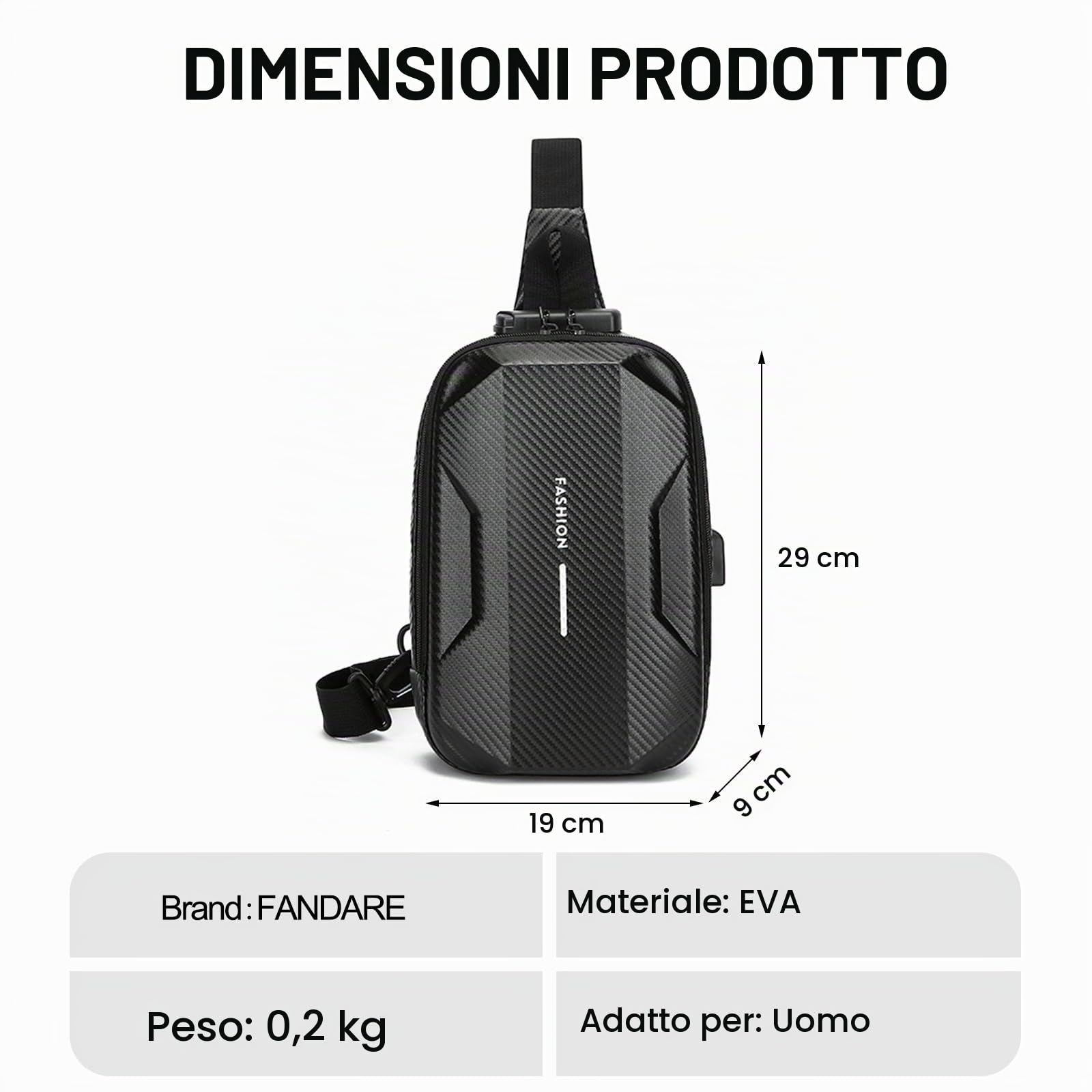 FANDARE Antifurto Zaino Monospalla Uomo Borsa a tracolla viaggio EVA Impermeabile Borsa a spalla con USB Borsa messenger Ragazzo Borsa Bandoliera Escursionismo Zaino asimmetrico Viaggio Sling Bag