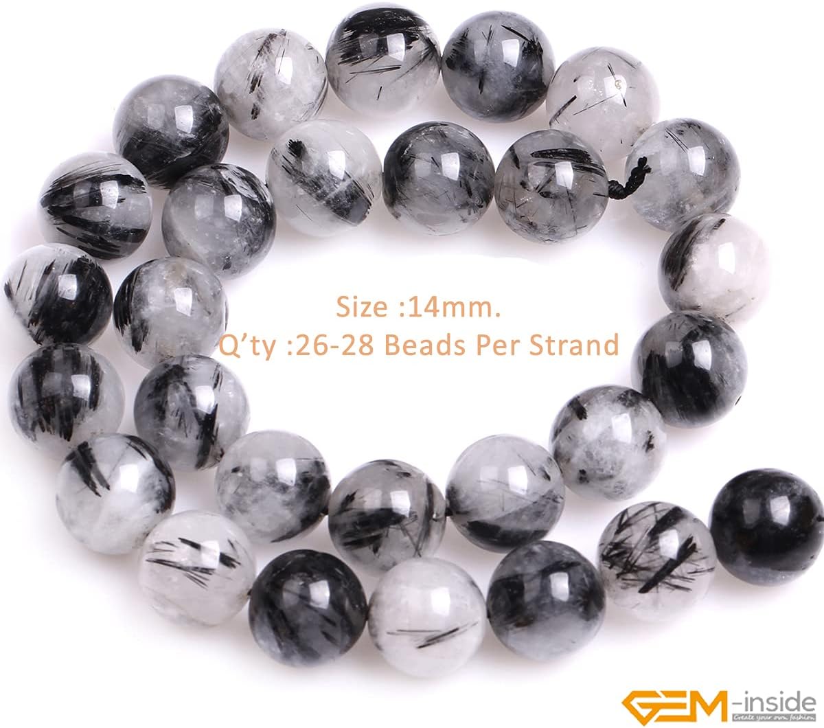 GEM-Inside Black Rutilated Quartz Gemstone Loose Beads Natural 14mm Round Smooth Crystal Energy Stone Power for Jewelry Making 15''
