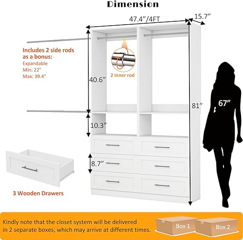Miniatura 2 de Dilando Sistema de armario con cajones de madera de 4 pies, sistema organizador de armario de madera para vestidor, armarios de esquina