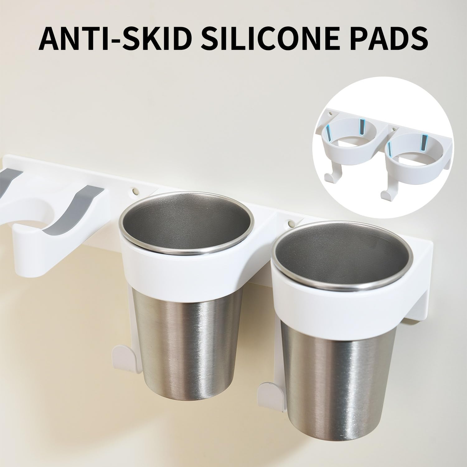 Organizzatore per utensili da parrucchiere, organizer da parete per strumenti caldi, supporto da parete in alluminio, supporto da parete per asciugacapelli con 2 tazze in acciaio inox, per