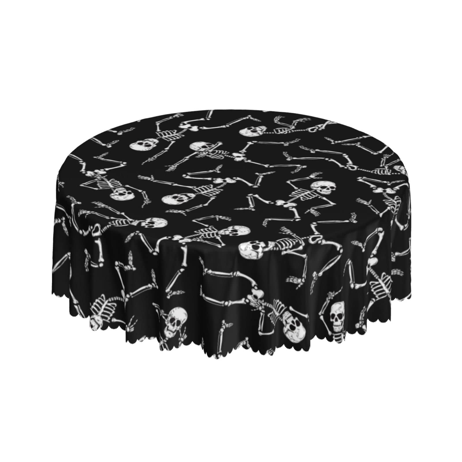Lsjuee Dancing Skeletons Black Round Tablecloth 60 Inch Printed Washable Tablecloth for Dining Party Holiday Fall Home Decorative