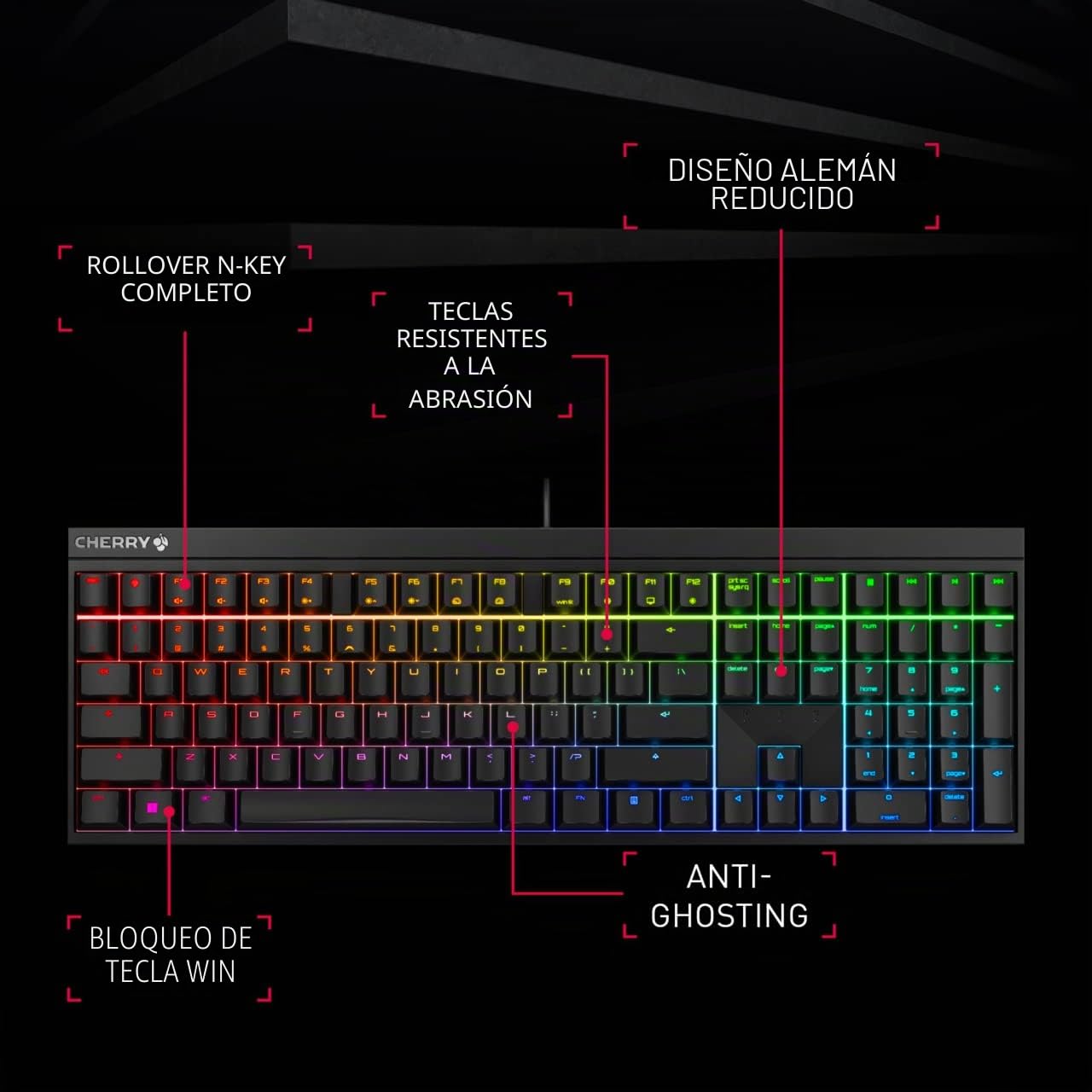 Cherry MX 2.0S, Teclado Mecánico de Gaming con Iluminación RGB, Distribución de Teclado Alemán (QWERTZ), con Cable, Diseñado en Alemania, Switches MX Red, Negro