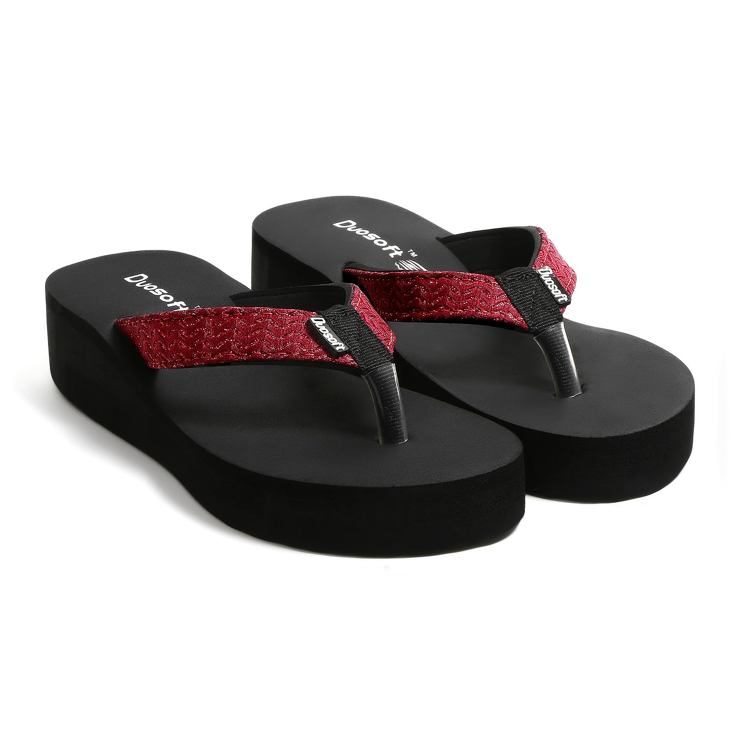 Women's Platform Flip Flops with Glitter Strap, Black, Wedge Thong Sandals Slipper
