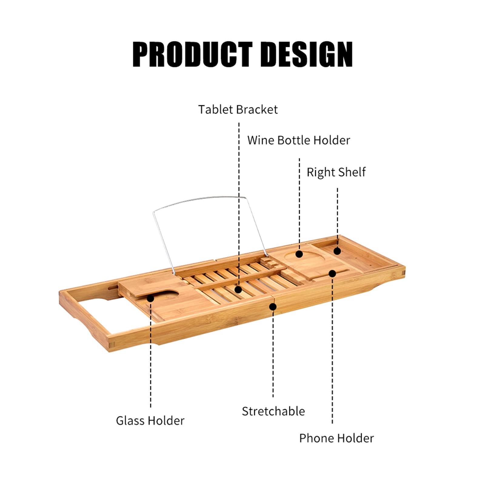 Bandeja Caddy para bañera de bambú de Primera Calidad, Bandeja de Madera Extensible con Soporte para Copas de Vino, Soporte para Lectura y Ranura para teléfono para bañeras, Caja Individual