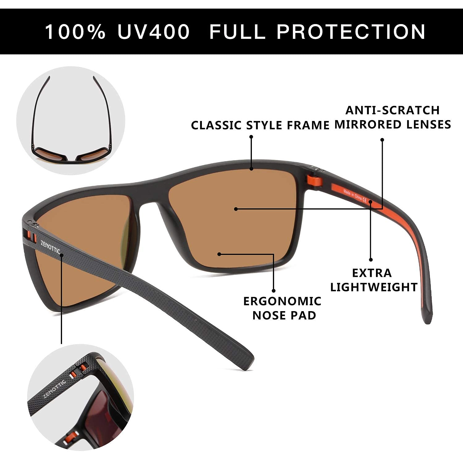 ZENOTTIC Occhiali da sole polarizzati uomo leggero TR90 montatura UV400 protezione occhiali da sole quadrati