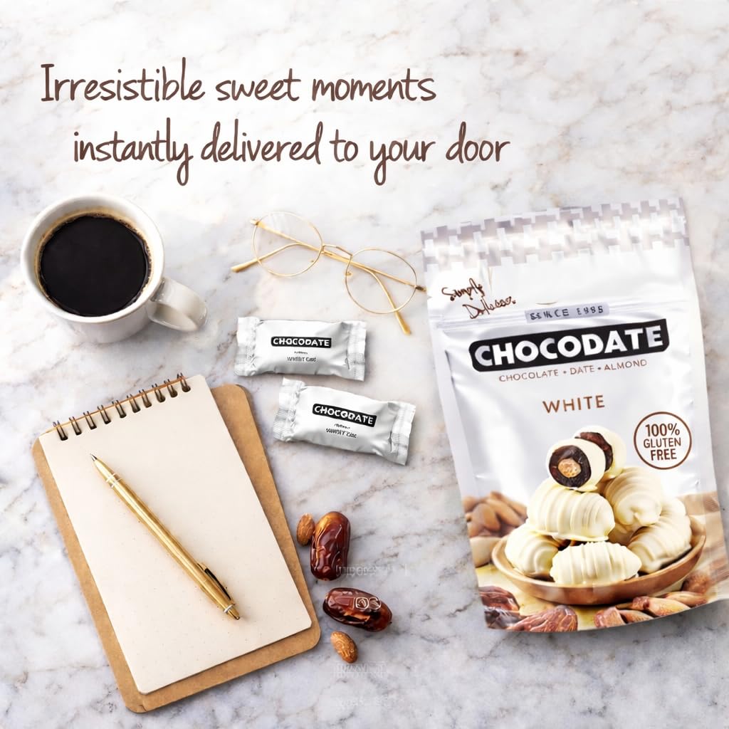Dattes fourrées enrobées de Chocolat Blanc – Confiserie Gourmande Premium – Sachet 90 g
