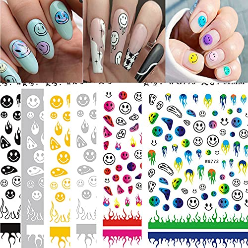 Smile Nail Art Stickers Smiley Face Flame Nail Stickers Decals Nail Art Supplies Designer Nail Stickers for Women Kids Manicure Acrylic Nails Decoration Accessories
