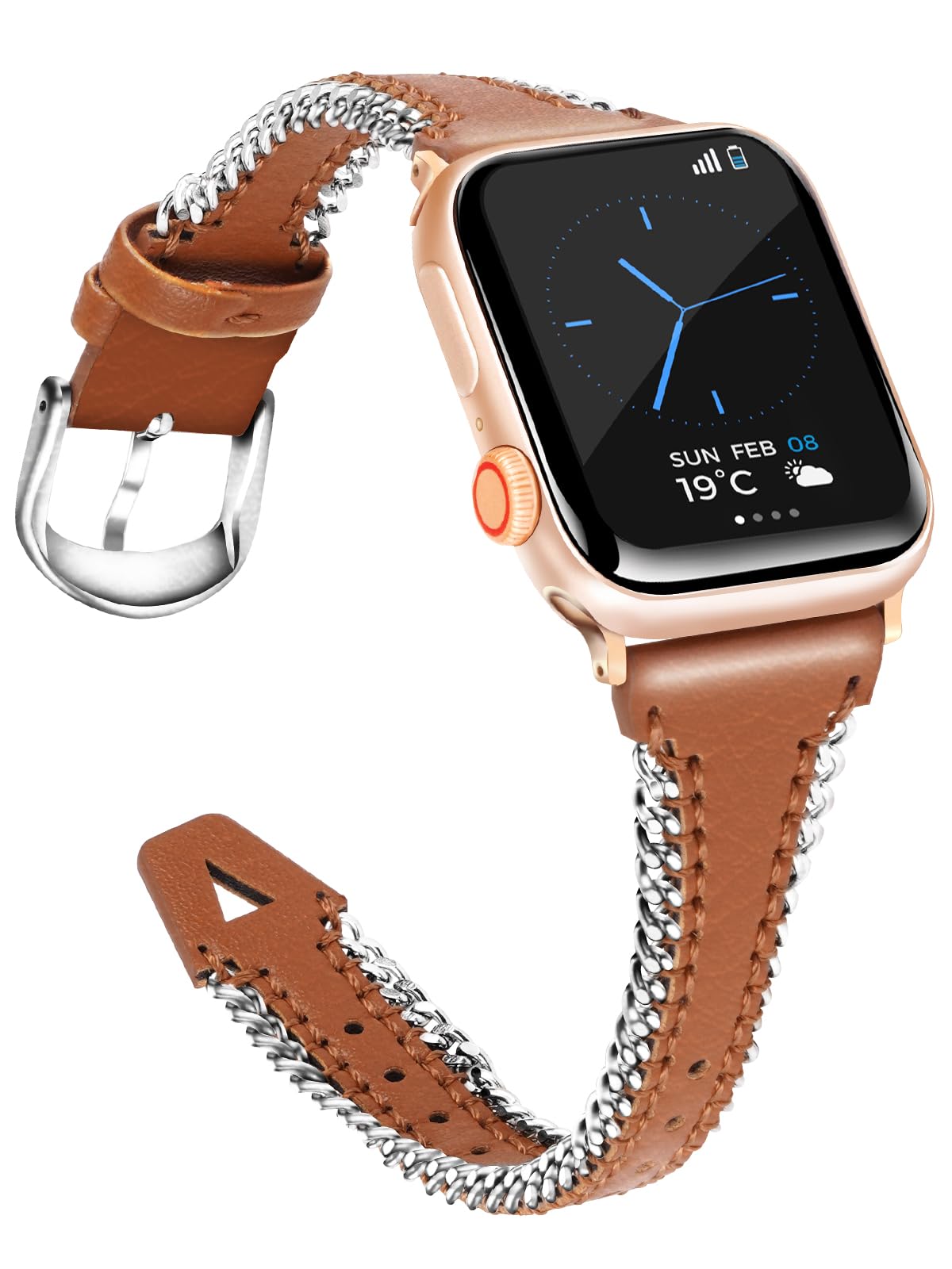 Leather Strap for Apple Watch Band 41mm 40mm 38mm, Cute Slim Chain Bracelet for iWatch Bands Series 9 SE 8 7 6 5 4 3 2 1, Thin Genuine Leather Wristband for Apple Watch Women Men Brown