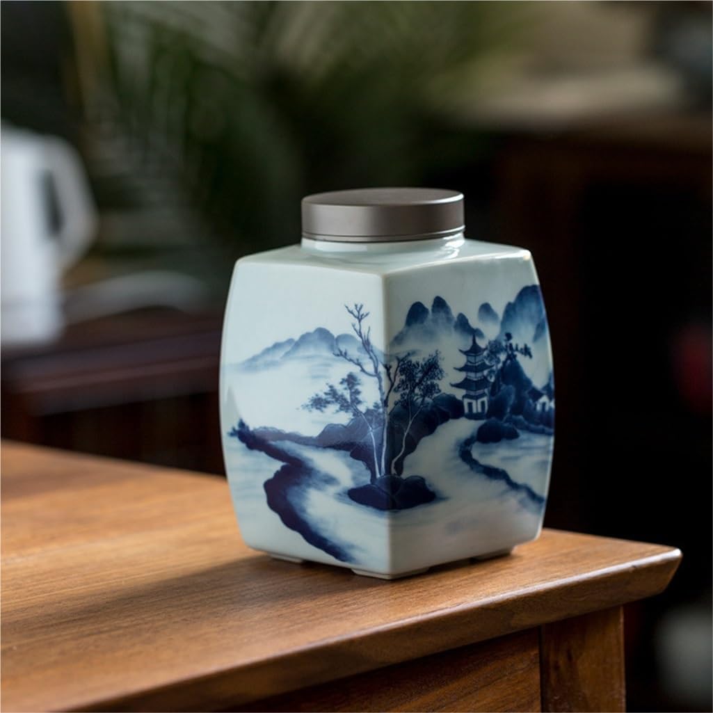 Contenitori per Dispensa Barattolo for la conservazione degli alimenti in barattolo for il tè in ceramica blu e bianco retrò dipinto a mano da cucina, con noci, chicchi di caffè, barattolo sigillato f