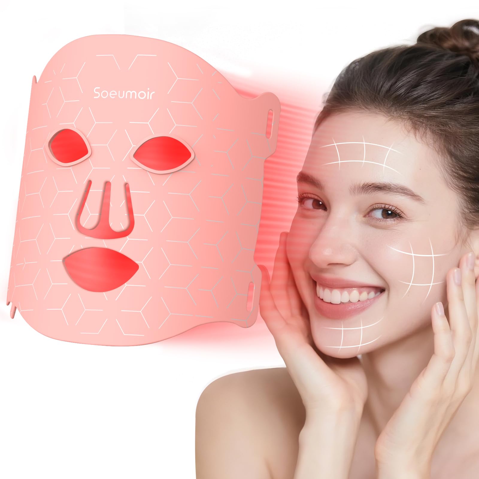Soeumoir Red Light Therapy Mask, 7 Colors LED Face Mask Light Therapy with Rechargeable Controller, 850NM Near-Infrared Red Light Therapy Mask with
