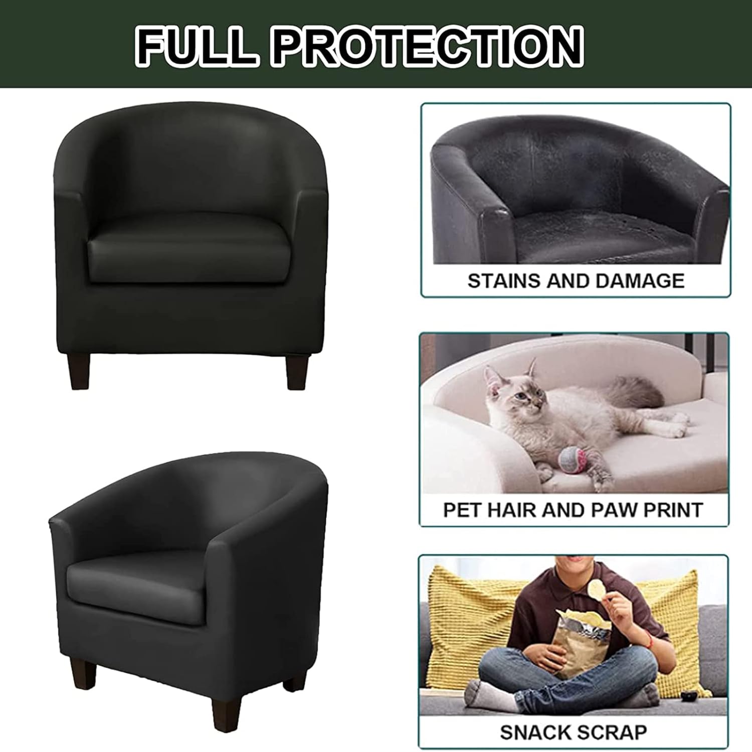 Pu Leather Club Chair Slipcover, Tub Chair Slipcover Waterproof Stretch Barrel Chair Cover Nonslip Armchair Covers, Removable Elastic Furniture Protector, for Living Room,L