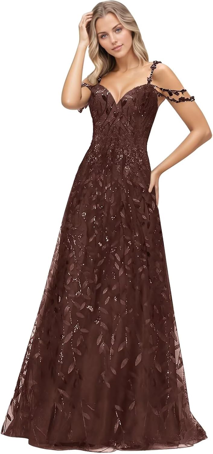 Off Shoulder Sequin Prom Dress for Women Long Tulle A Line Formal Dress Lace Evening Party Gown