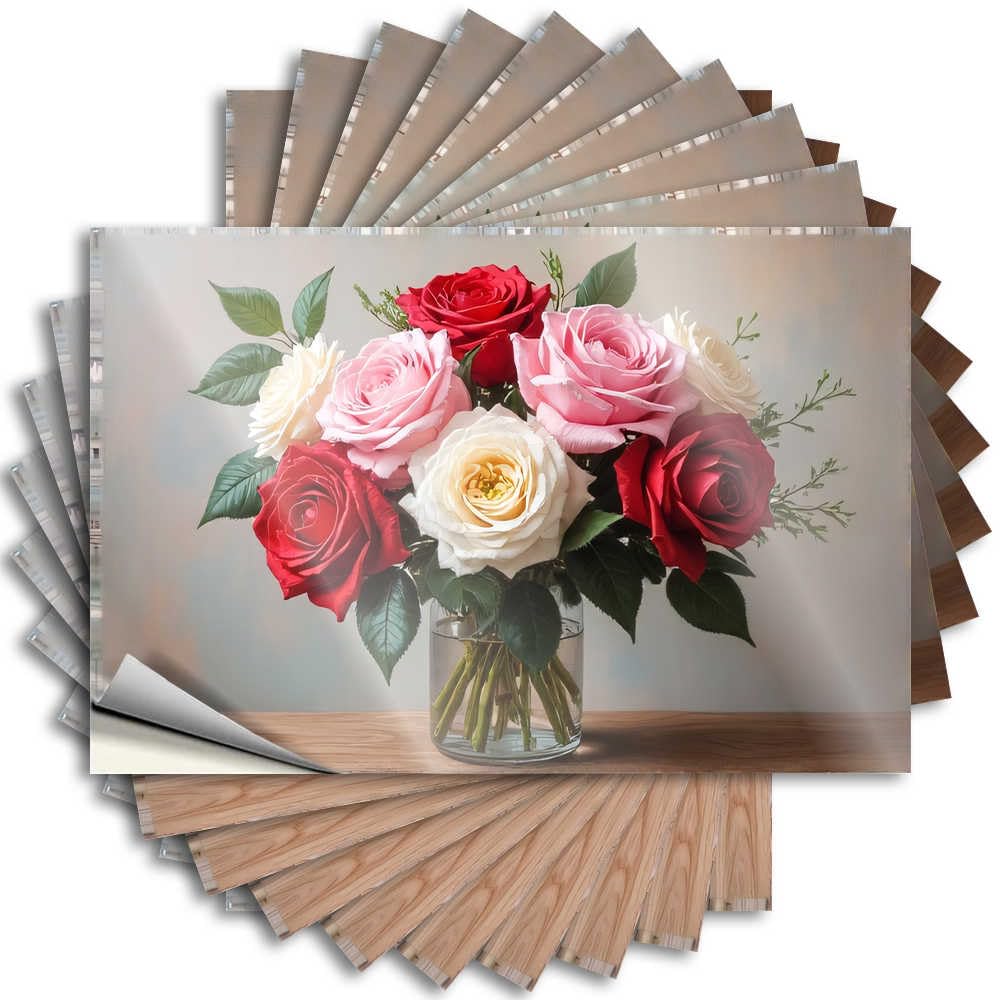 Decals Outdoor Patio Decor Easy Apply | Colorful Rose Bouquet in Glass Vase Encouraging Water Peel and Stick(6X9CM)