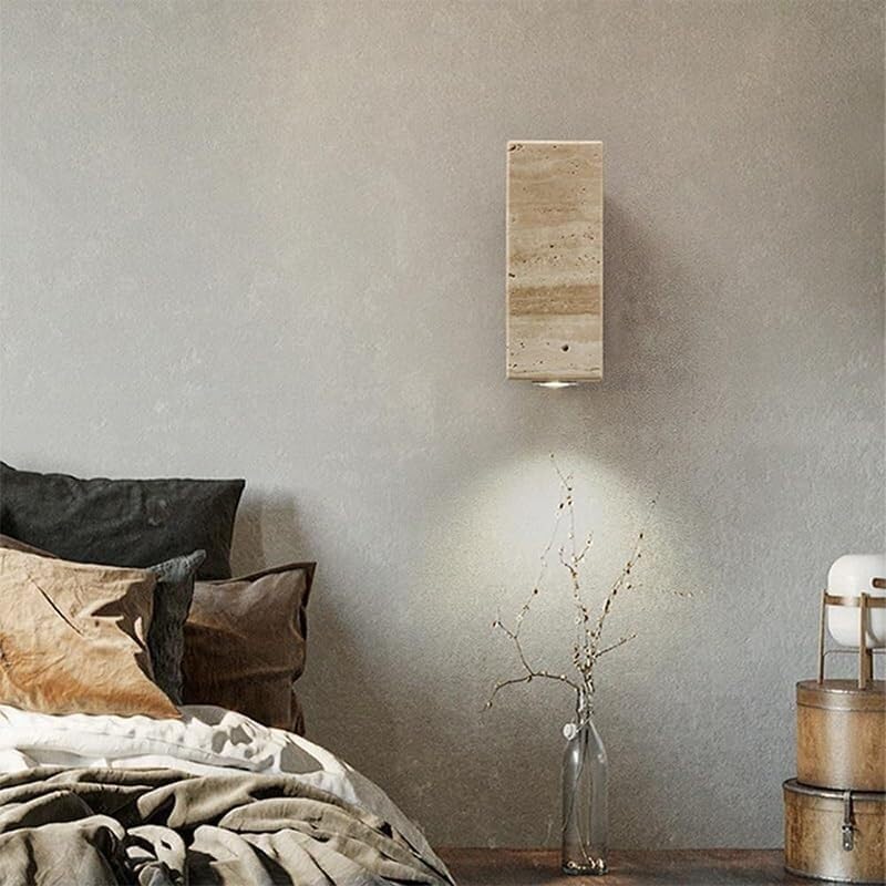 Nowoczesna długa i liniowa lampa ścienna z kamienia naturalnego Cylindryczny efekt marmuru z diodami LED w stylu vintage, drewno i żółty trawertyn idealna do sypialni, salonu lub przedpokoju