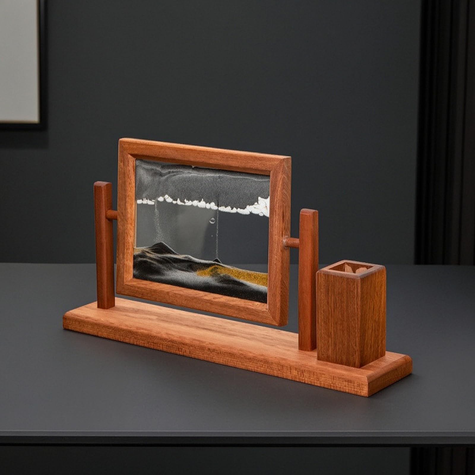 Sandbild mit Stifthalter beruhigend drehbarer Bilderrahmen mit Stiftebecher beweglich drehbares Sandbild für Büroangestellte, Arbeitszimmer, Schwarz, Sand, Tuschelandschaft