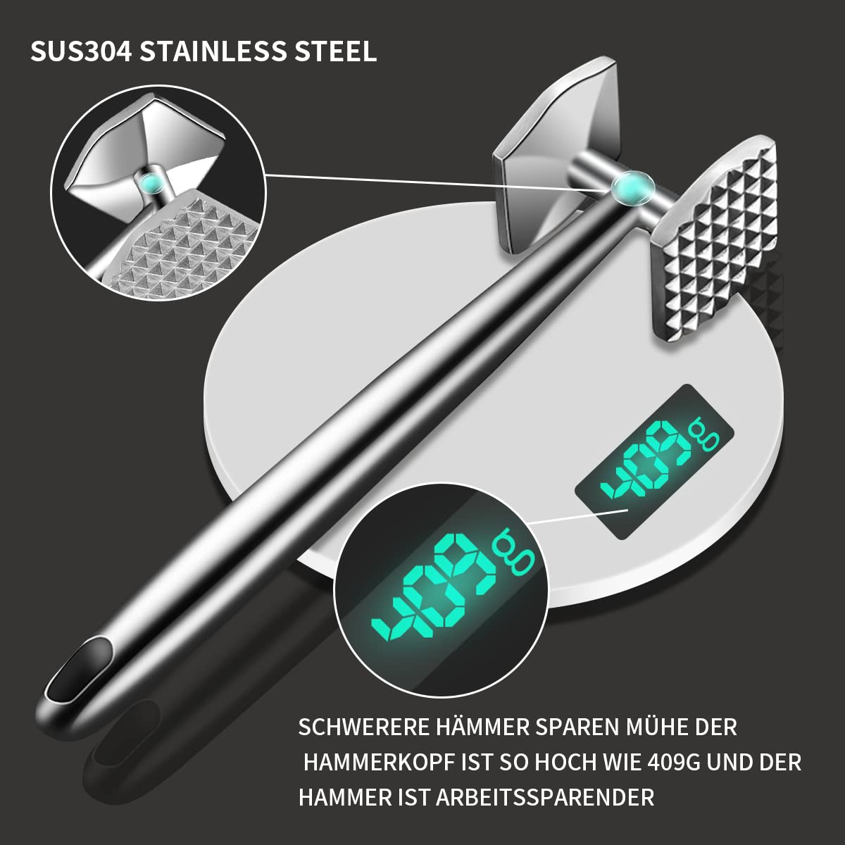 AMOZO Fleischhämmer-Fleischklopfer Edelstahl Spülmaschinenfest-Doppelseitig Schnitzelklopfer für Schnitzel, Koteletts, Steaks– Meat Tenderiser Stainless Steel