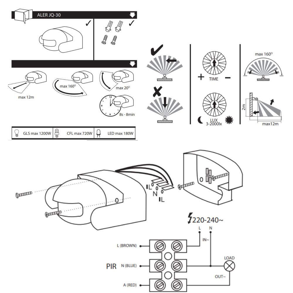 Sensor de movimiento infrarrojo PIR detector de presencia de movimiento montado en la pared IP44 al aire libre 12 m de largo alcance Detección de seguridad interruptor de luz de alarma