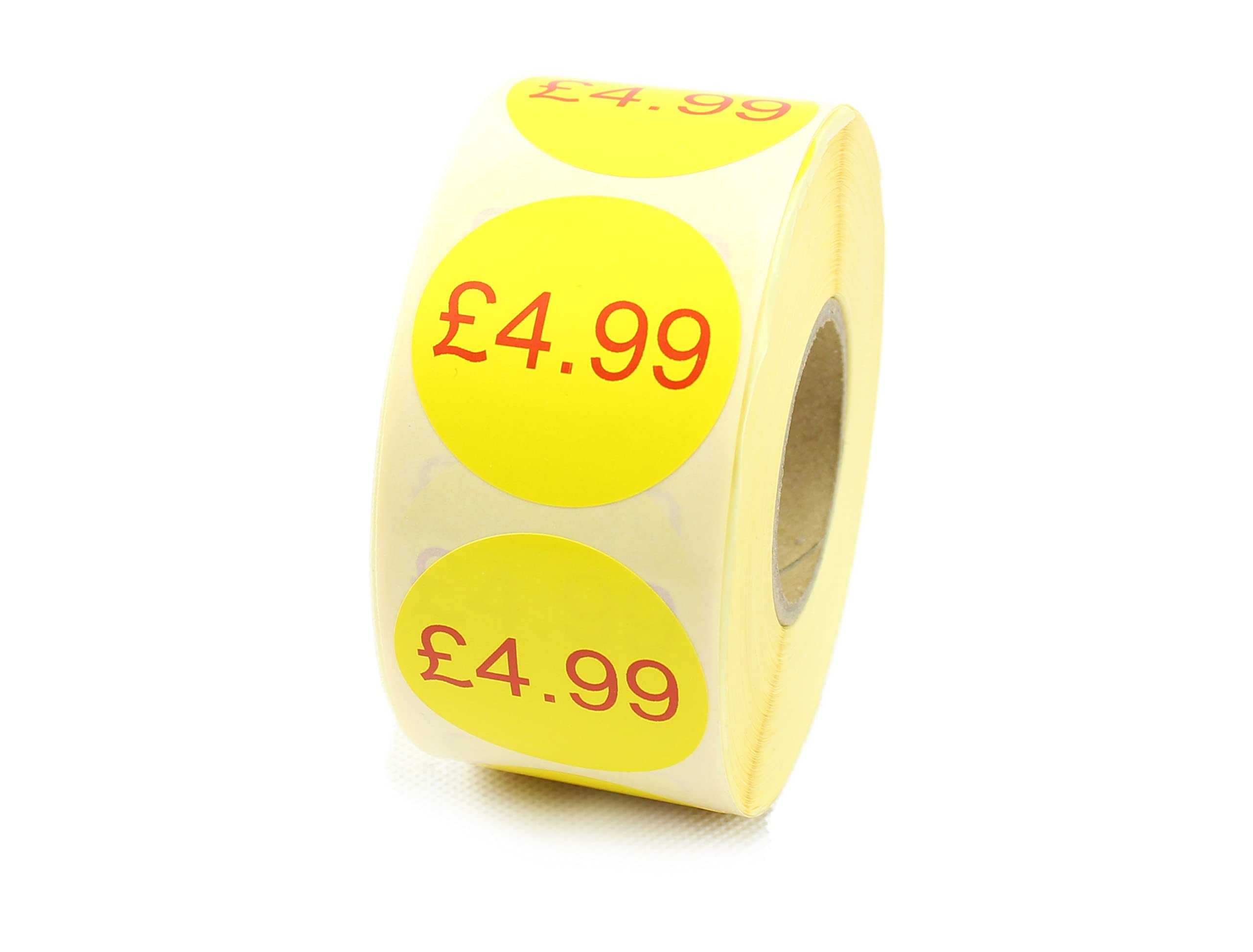 Yellow & Red Printed Retail Labels. 40mm Diameter, Strong Permanent Adhesive. 500 Per Roll. (£4.99)