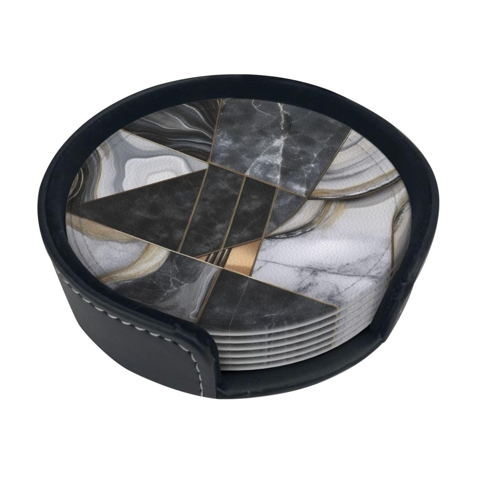 Black Marble Texture Gold (3) Coaster Set Of 6 - Premium Full-Print Single-Side Pu Leather Coasters With Storage Box, Ideal For Home & Office Use